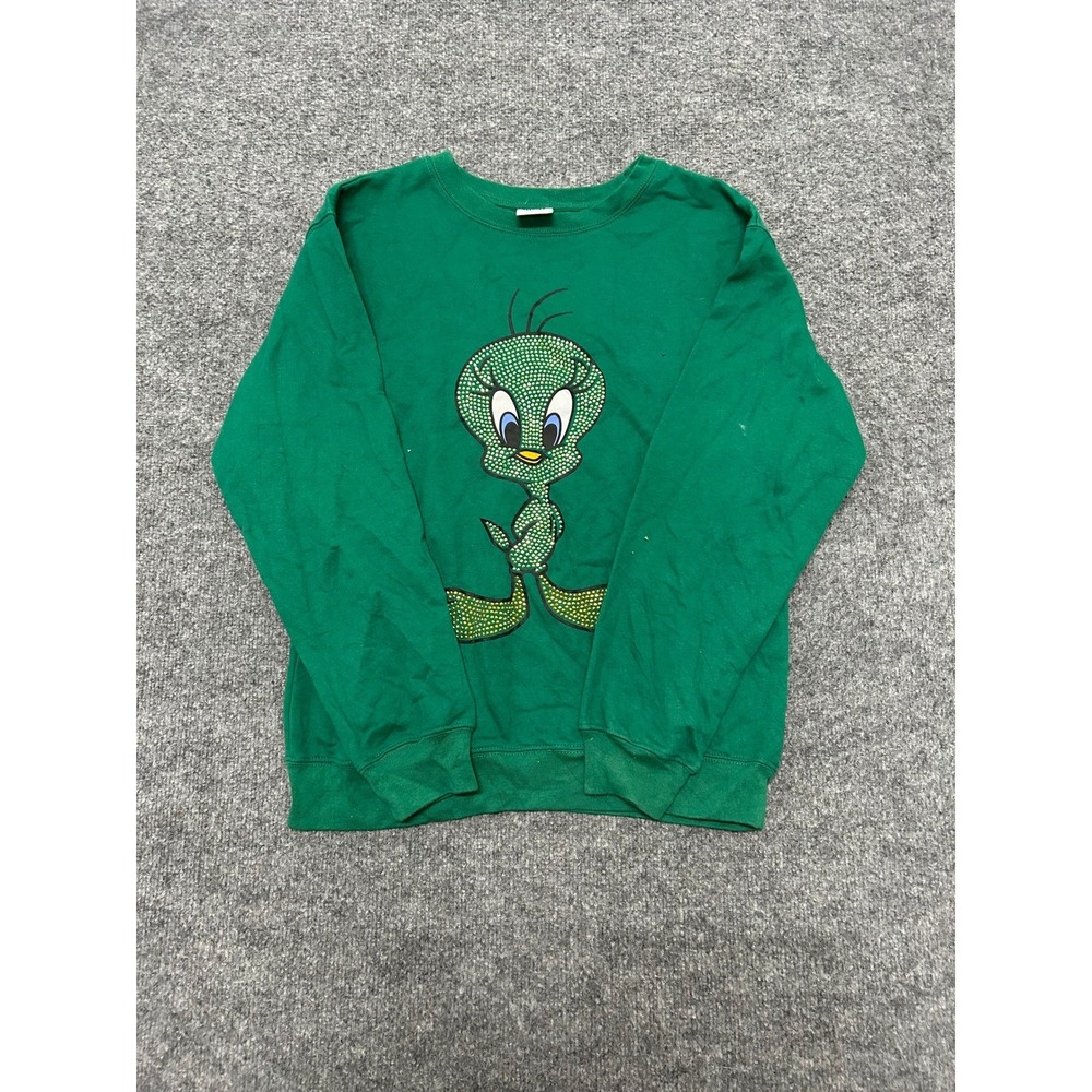 Looney Tunes Sweatshirt Womens Size M Green Rhinestone Tweety Bird Crew Neck LS